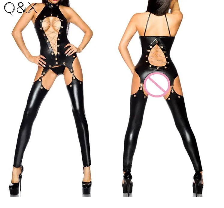 

M-3XL Sexy Tie Underwear With Gather Teddies Women Bodysuit Halter Lingerie Faux Leather Costume Erotic Jumpsuit