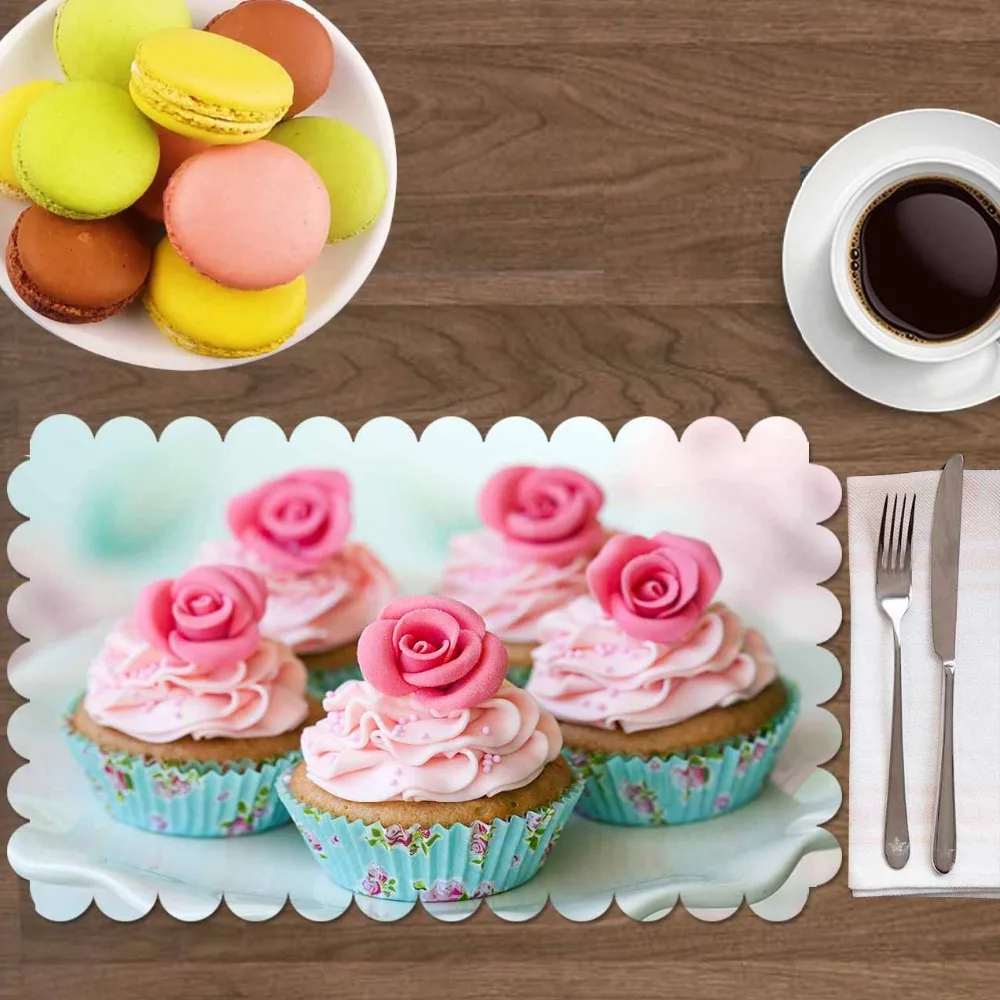 

Else Blue Floor Brown Cake on Pink Roses Cream 4 Pcs 3d Print Washable Micro Fabric Table Placemat Pad for Dining Room Kitchen