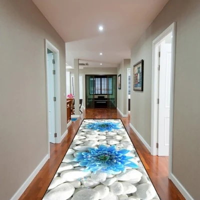 

Else White Pebble Stones on Blue Flowers 3d Print Non Slip Microfiber Washable Long Runner Mat Floor Mat Rugs Hallway Carpets