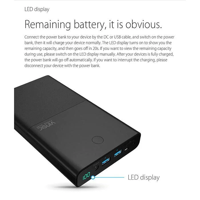 VINSIC 30000mAh Power Bank Dual USB General External Battery Charger Pack for Laptops Notebooks Computer iPhone iPad Xiaomi MI |