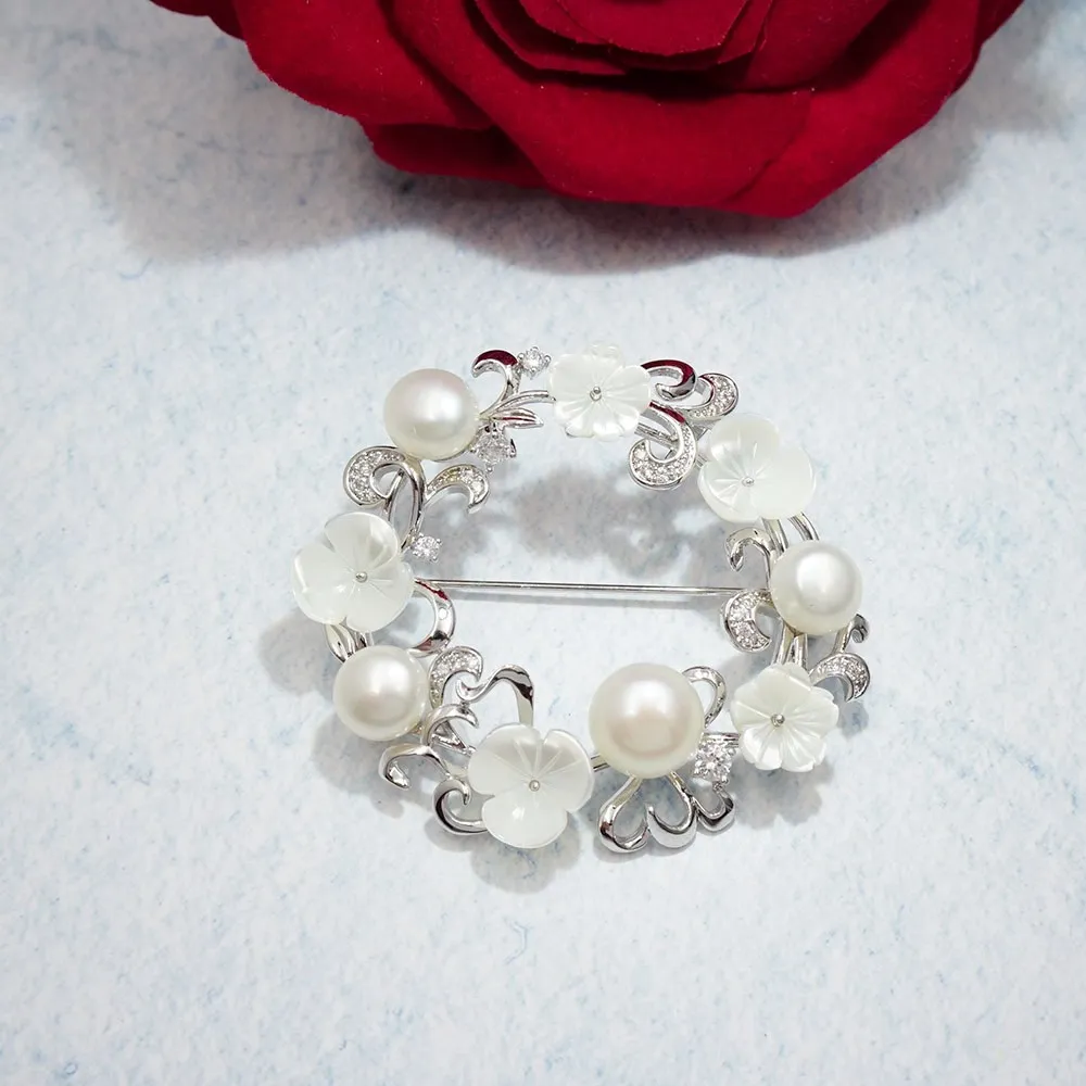 Romantic Zircon Flower Brooch Safety Pins Fashion Jewelry Shell Freshwater Pearl Brooches for Women Girls Wedding Gift | Украшения и