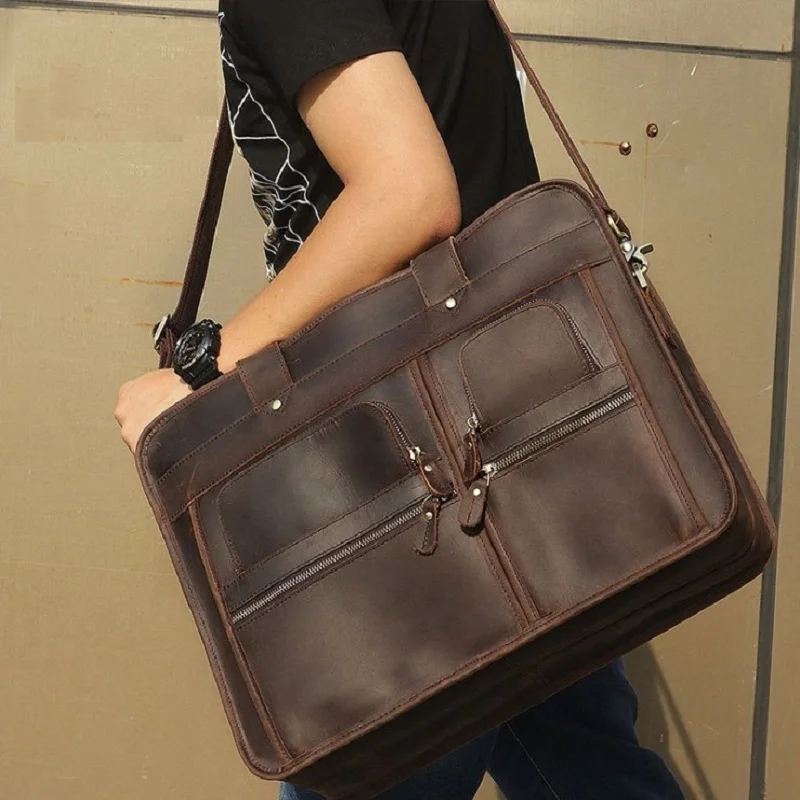 17 дюймовая сумка для ноутбука мужской портфель дорожные сумки Crazy Horse кожаная