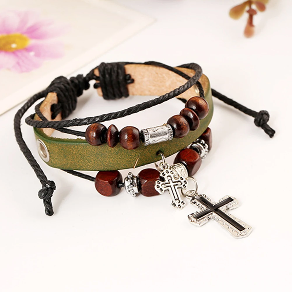 Винтаж крест кулон Многослойные Бусины Искусственная кожа кос браслет |