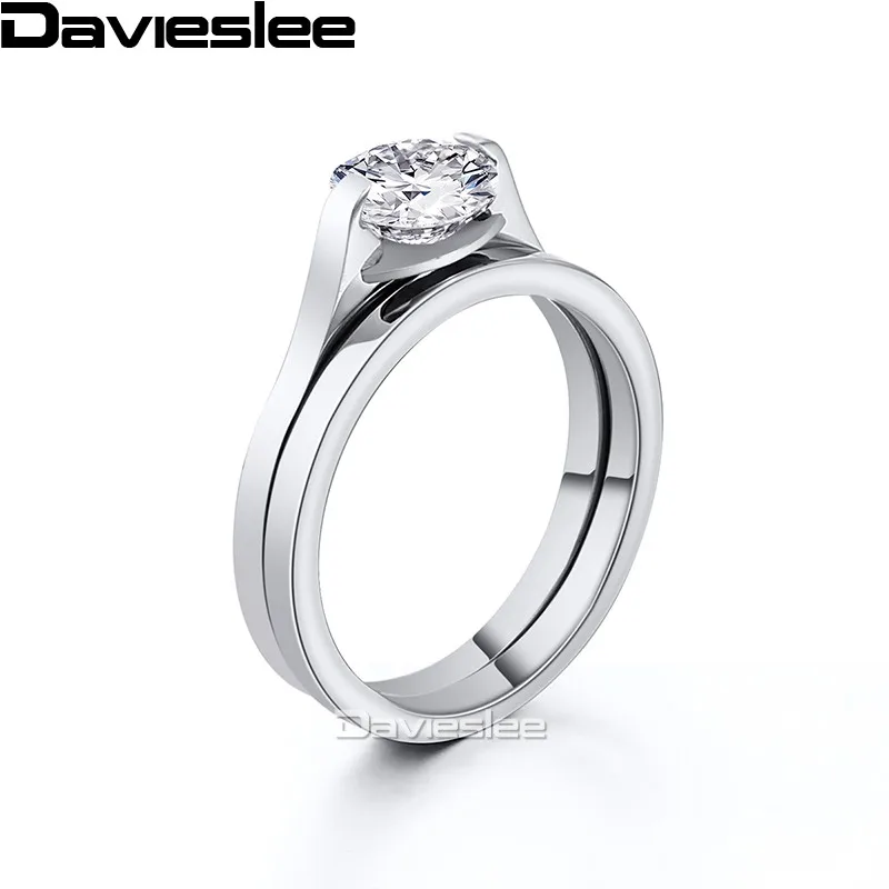 Davieslee Womens Girls Solitaire Ring Set Stainless Steel Fashion Round Cut Rhinestone Gold Silver Tone 4mm LKR116 | Украшения и