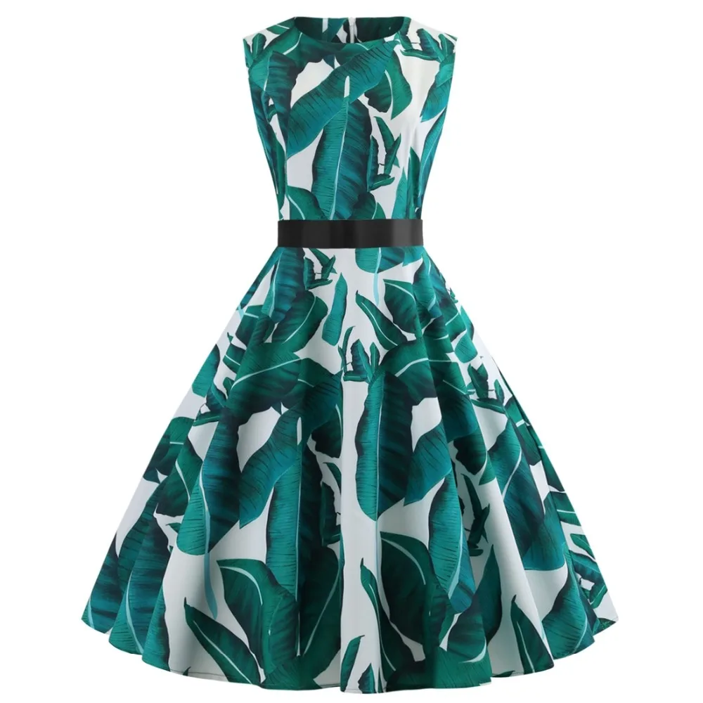 New retro dress temperament round neck sleeveless print black ribbon waist large swing dresses for womans |