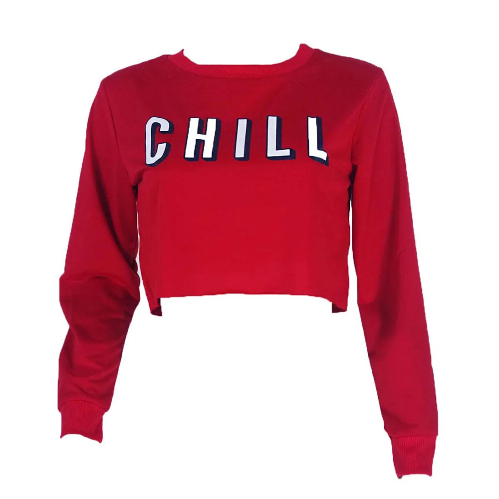 Короткие толстовки для женщин лето осень Chill Письмо печати толстовка Сексуальная Повседневная вырез лодочкой укороченный топ толстовки - Цвет: RD
