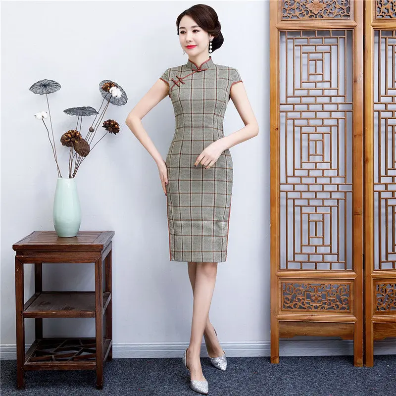 Летнее клетчатое платье с коротким рукавом, сексуальное, тонкое, Qipao, миди платья для женщин, Vestidos, Cheongsams, винтажное традиционное китайское платье, M-4XL - Color: 118 coffee