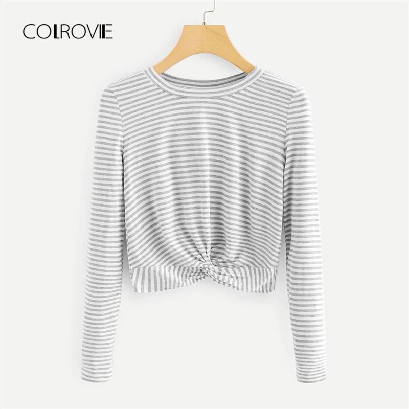 COLROVIE серая рабочая одежда с крученым подолом, полосатая женская футболка, новинка, Осенние повседневные пуловеры, топ, футболка, Хлопковая женская одежда