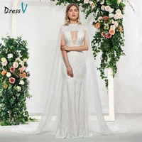 dressv elegant lace high neck mermaid sleeveless button hollow wedding dress floor length simple bridal gowns wedding dress