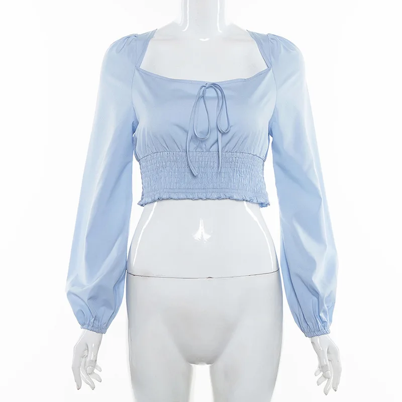 Винтаж квадратный вырез с пышными рукавами женские топы и рубашки сзади крест на