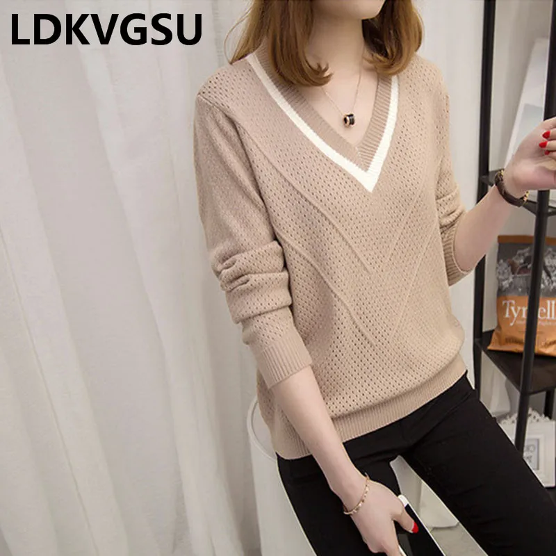

2018 Spring Autumn New Female Short Knit Sweater Korean Loose Long Sleeve V-neck Small Fresh Pullover Sweater Plus Size Is703