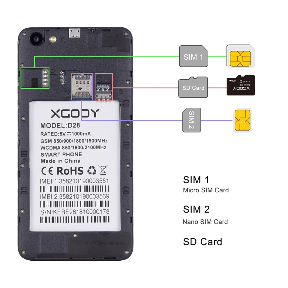 XGODY D28 3g Dual Sim смартфон 5,5 дюймов Android 7,0 мобильный телефон MTK6580 четырехъядерный 1 Гб 16 Гб мобильный телефон 2500 мАч gps 5 Мп мобильный телефон