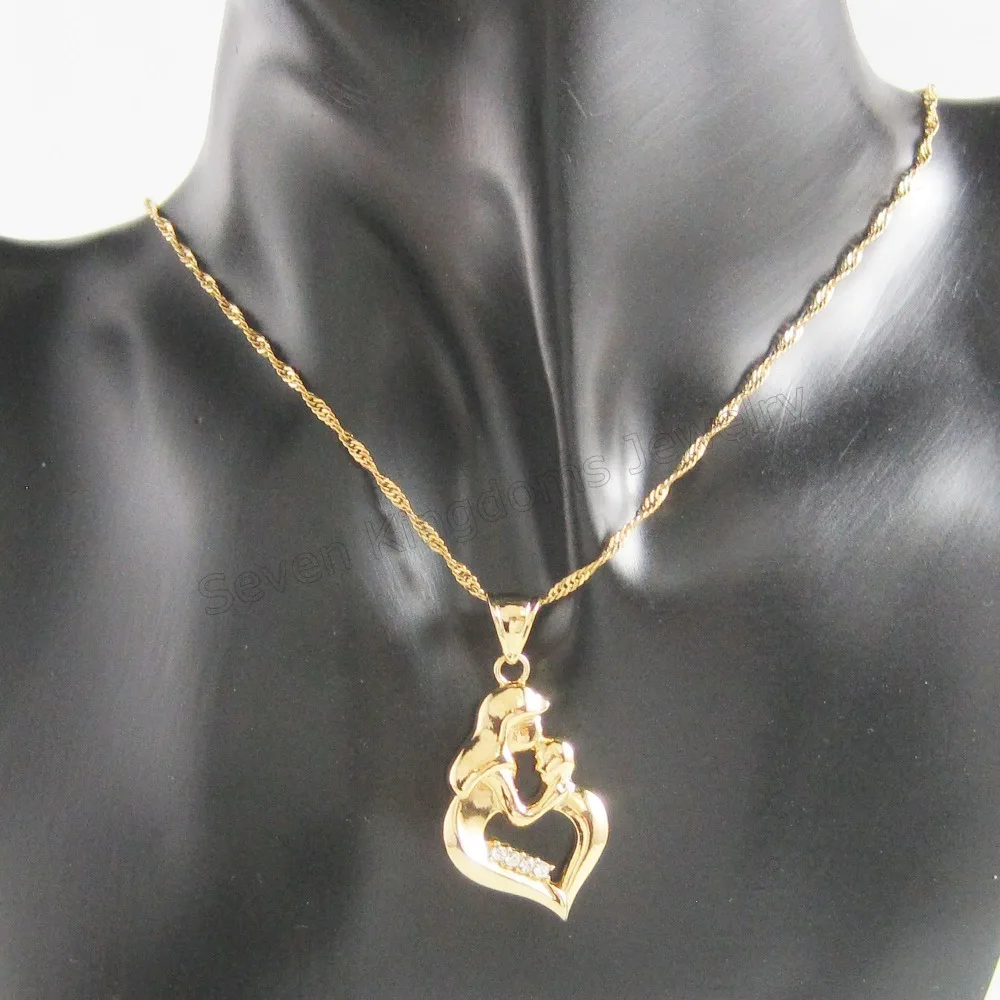 Min Order 10$/ VIVID - YELLOW GOLD OVERLAY 18&quot NECKLACE &amp MUM MOM HUG BABY IN ARM CZ STONE HEART SHAPE PENDANT HANGS 1.42&quot |