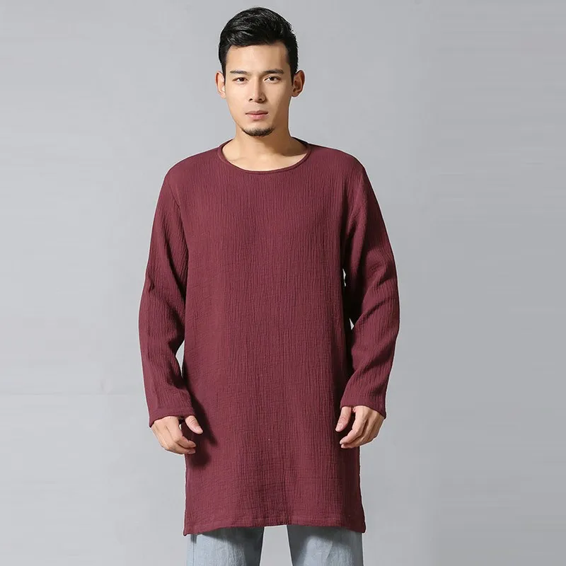 Wine Red INCERUN, Мужская Осенняя футболка с длинным рукавом, свободные удобные хлопковые льняные футболки, большие размеры, удлиненная Мужская Уличная одежда - Цвет: Wine Red