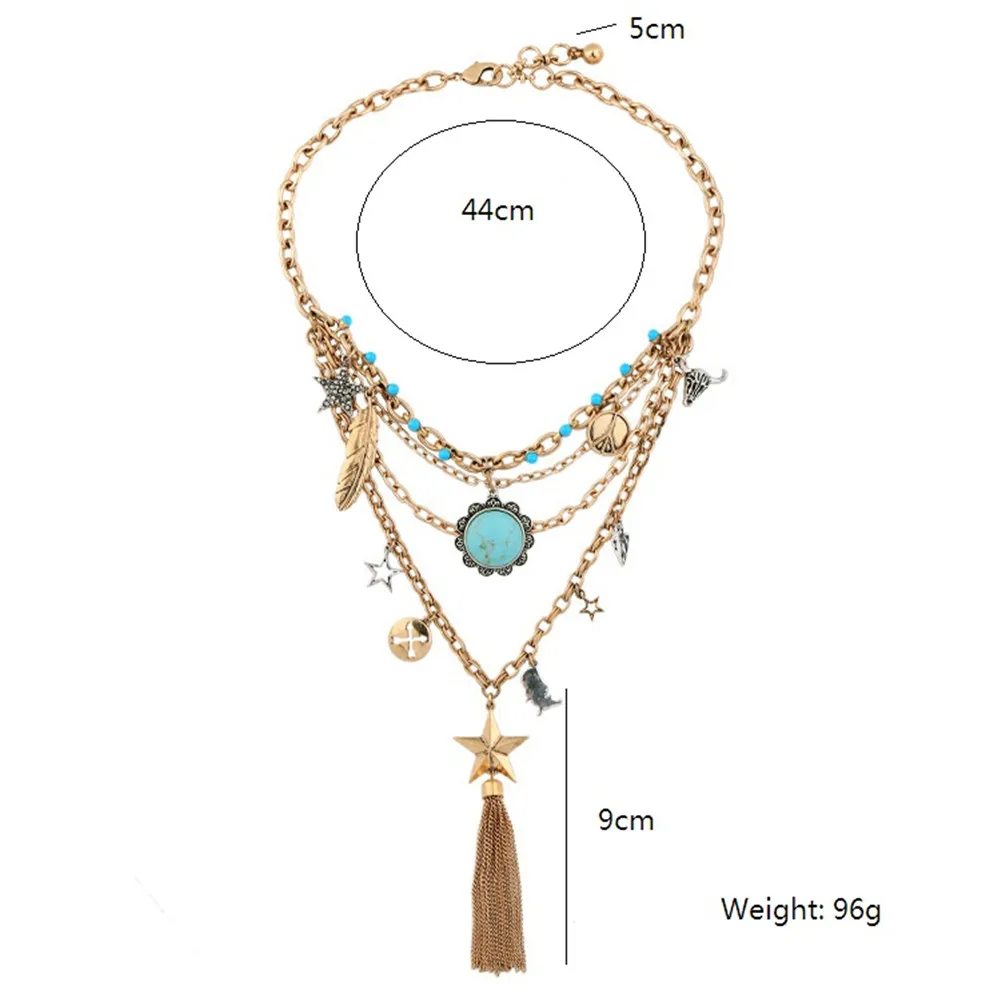 Винтажное многослойное ожерелье Lureme Boho с синим камнем цветком кисточкой