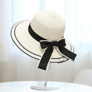 Seioum 2018 New Sun Hat Big Black Bow Summer Hats For Women Foldable Straw Beach Panama Hat Visor Wide Brim Femme Femme