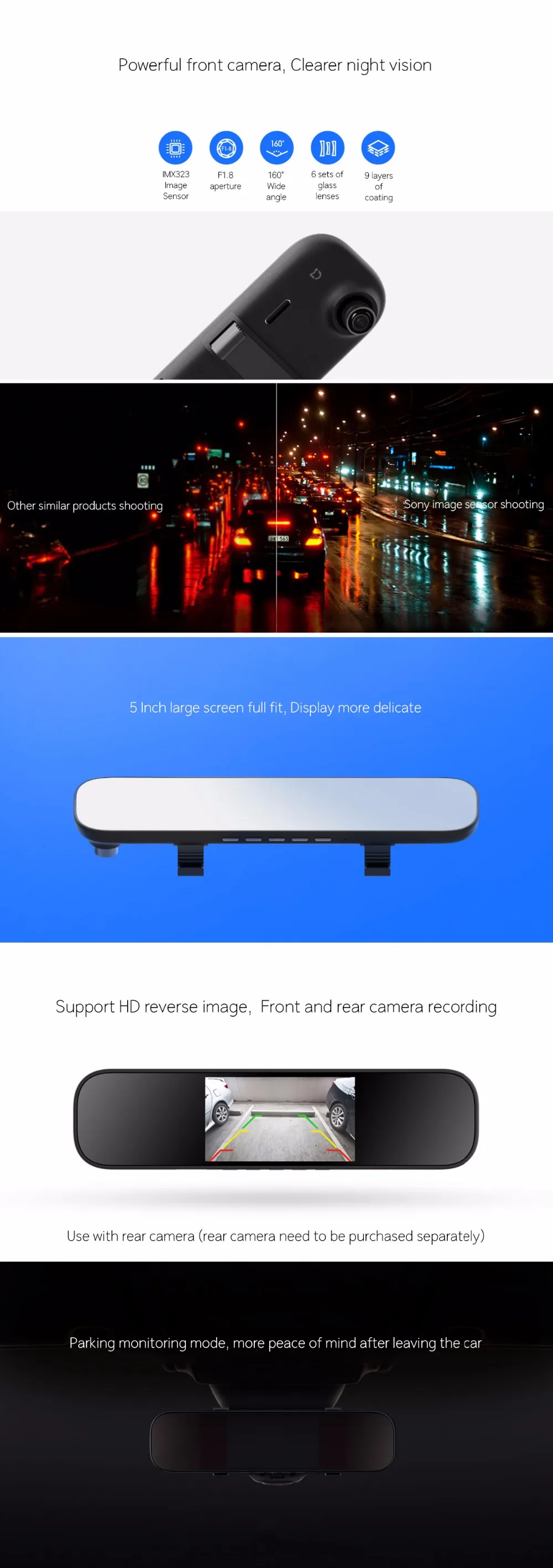 Xiaomi Mijia зеркало заднего вида, автомобильная камера, умная камера 1080P HD ips экран IMX323, датчик изображения, водительский рекордер для автомобиля