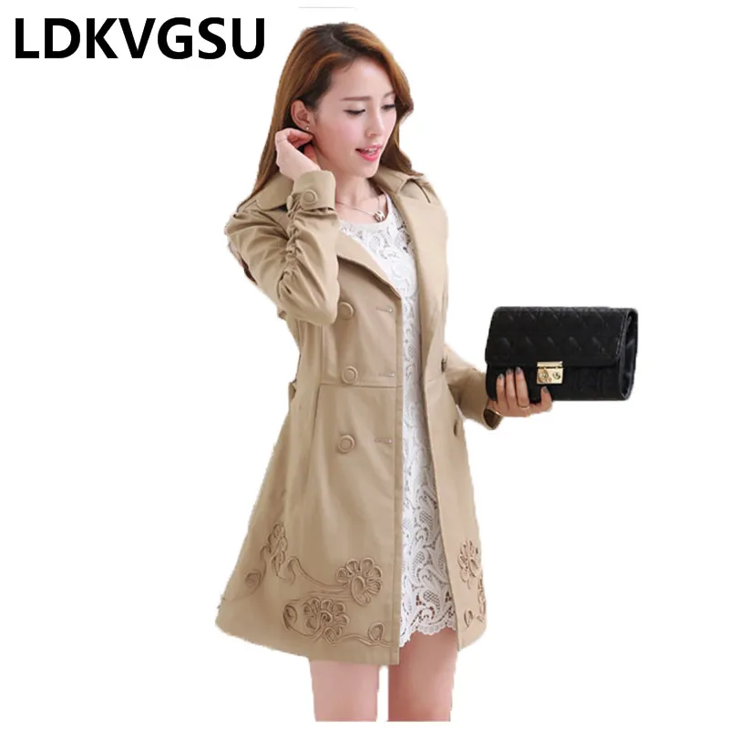 Женская Длинная ветровка облегающий двубортный Тренч большого размера с