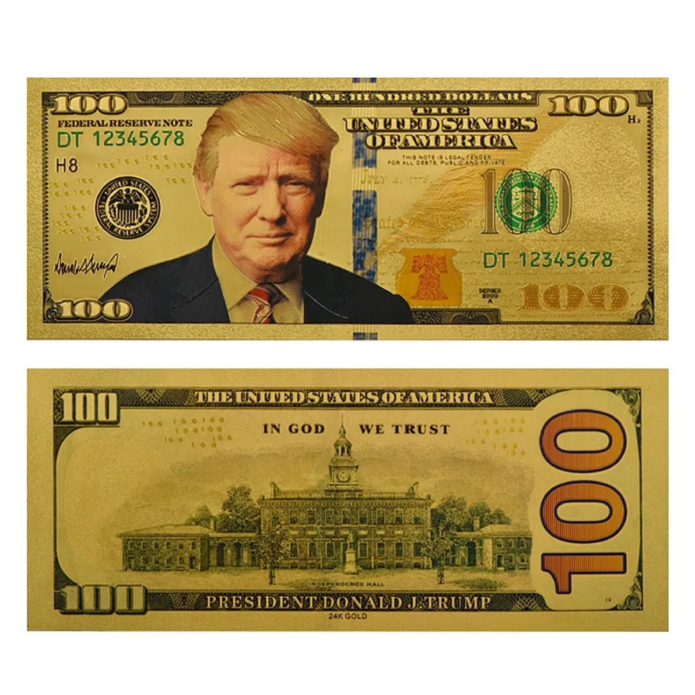 10 шт. в упаковке Принт Дональд Трамп Раскрашенная $100 цена долларах золото Фольга