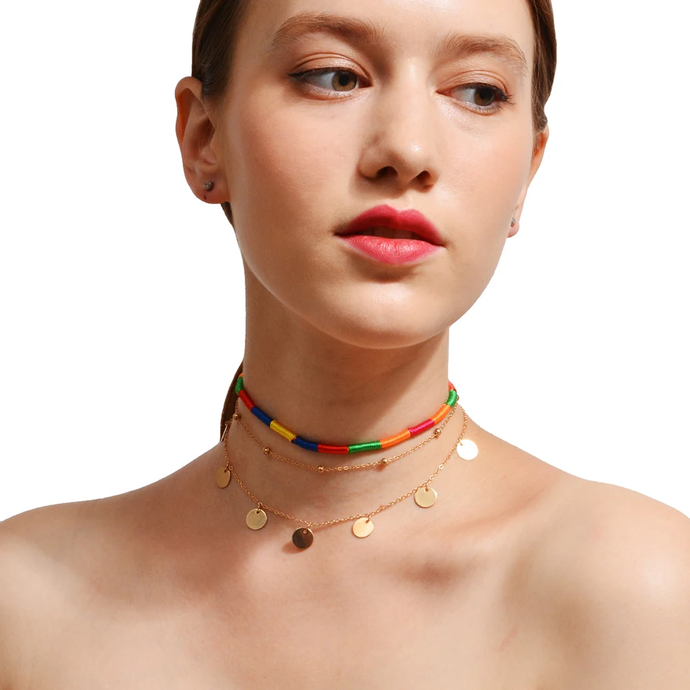 Этническая BOHO ювелирные изделия Multi Слои колье монета кулон красочные веревку