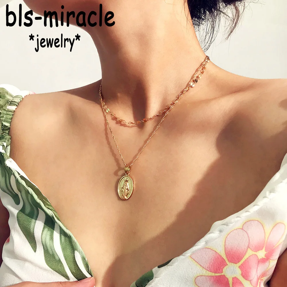 Bls miracle Boho ожерелья с блестками для женщин винтажный круглый кулон гравировкой