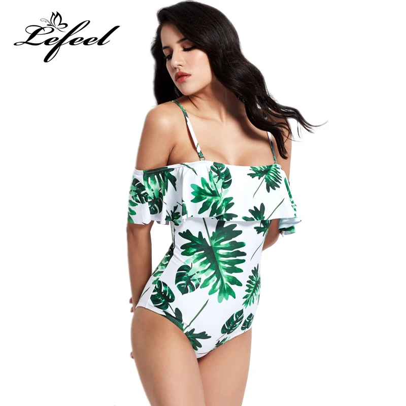 Lefeel One-Piece Suits Print Bathing Suit 2018 Women Sexy Leaf Shoulder Bandage Monokini Swimwear Biquini XXL | Спорт и развлечения