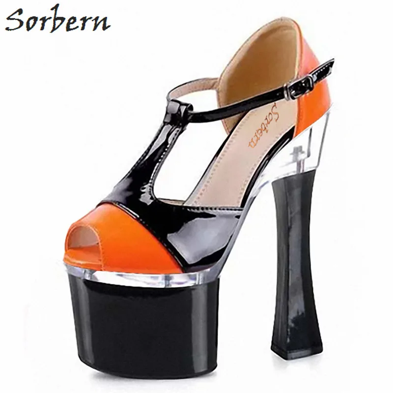 

Sorbern Comfortable High Heels Womans Peep Toe T Strap Heels Strange Heel Us Size 11 Shoes Women Block Heels Orange Shiny Pumps