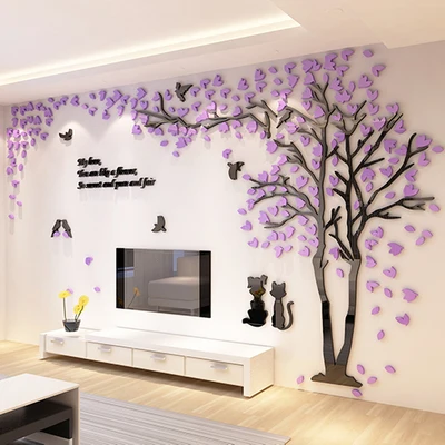 Новые Романтические акриловые трехмерные наклейки на стену с изображением пары кошек деревьев, гостиной, спальни, телевизора, дивана, домашний декор, 3D наклейки на стену