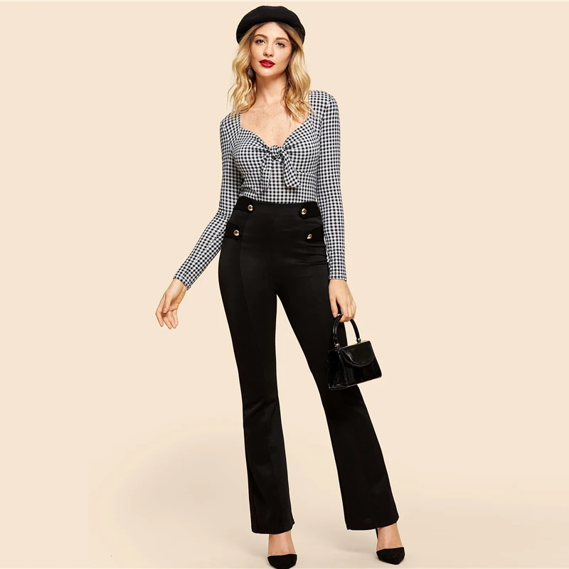 SHEIN Нарядная Блузка В Клетку, Клетчатый Топ С Длинным Рукавом И Глубоким Вырезом И Бантом, Элегантная Блузка С V-Образным Вырезом