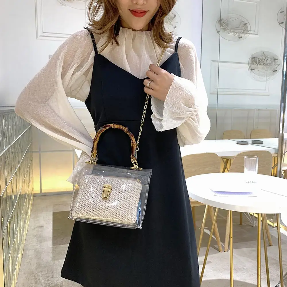 2019 Маленькая прозрачная Женская сумочка Соломенная Сумка на цепочке дорожная