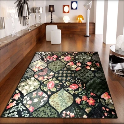 Else Green Black Pink Roses Flowers Patchwork 3d Print Non Slip Microfiber Living Room Decorative Modern Washable Area Rug Mat | Дом и сад