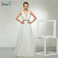dressv elegant v neck sleeveless lace wedding dress a line zipper up floor length simple bridal gowns wedding dress