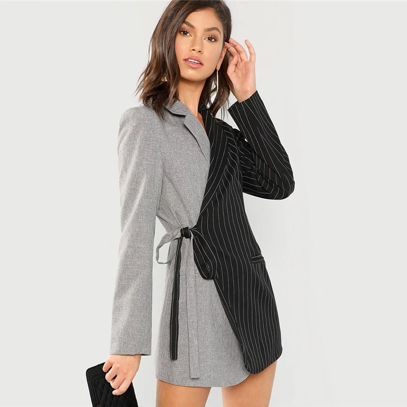 SHEIN Контрастный Блейзер На Запах С V-образным Вырезом Элегантные Женские Осенние Блейзеры