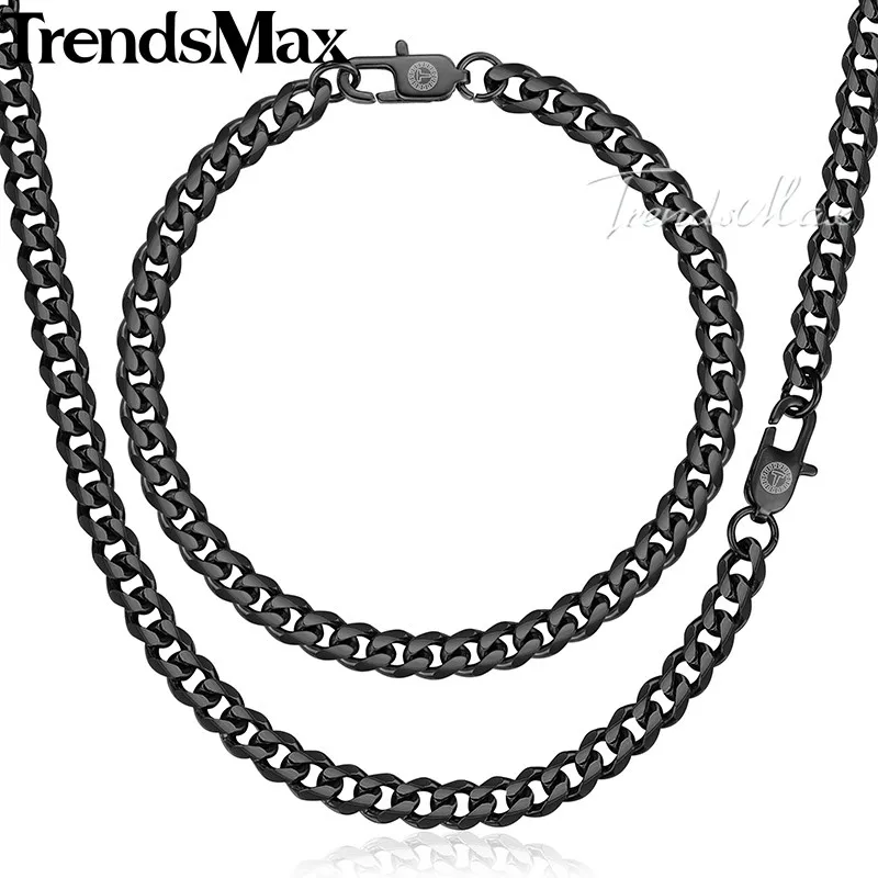 Trendsmax, полированный ювелирный набор, ожерелье для мужчин, нержавеющая сталь, мужской браслет, кубинская цепочка, золото, черное серебро, KKSM01