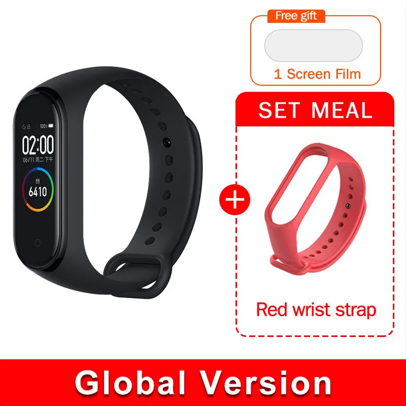 EN Add Red Strap Глобальная версия,, xiaomi mi band, 4 цвета, экран,, новейший музыкальный умный Браслет, пульсометр, фитнес, 135 мА/ч, bluetooth 5,0 - Цвет: EN Add Red Strap