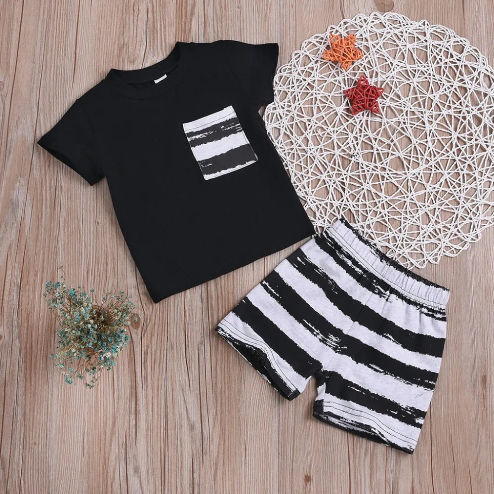 ISHOWTIENDA Soft Material Summer Infant Baby Short Sleeve Solid T-Shirt Tops+Striped Shorts Outfits Sets Clothes | Детская одежда и