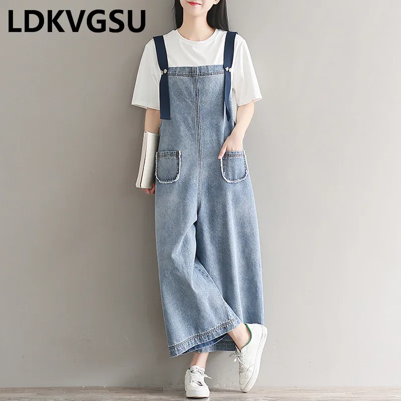 

Female Clothes Denim Wide Leg Pants Women Spring 2020 Casual Pants Loose High Waist Jeans Female Strap Jumpsuits Plus Size R360