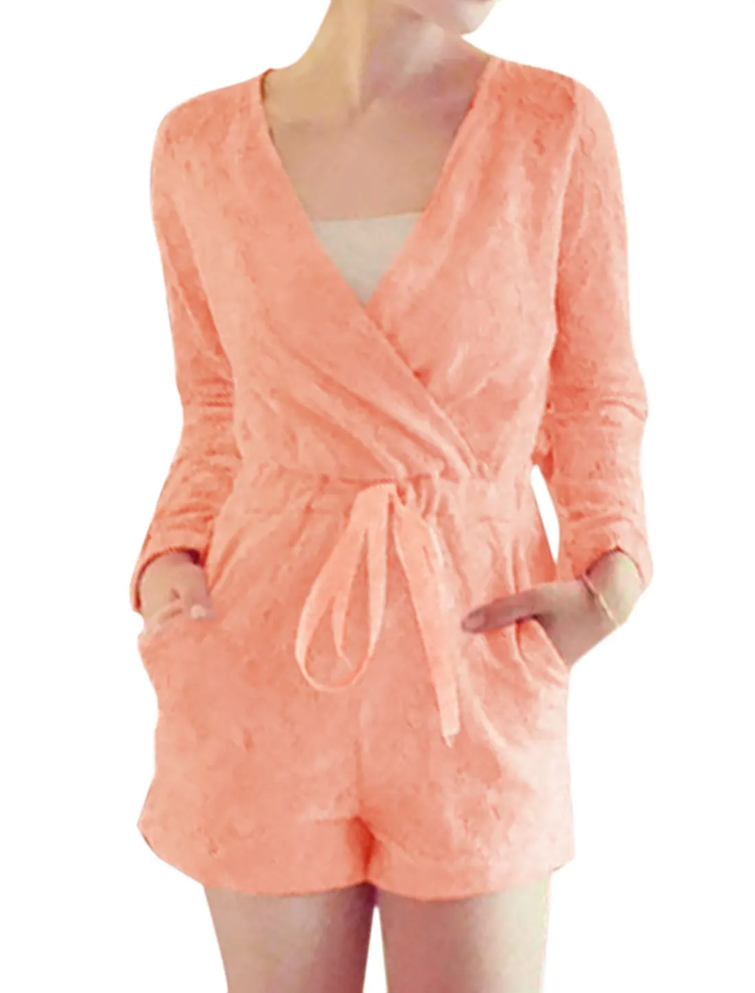 Allegra K Lady Strapless Tube Top W Drawstring Waist Two Pockets Lace Romper | Женская одежда