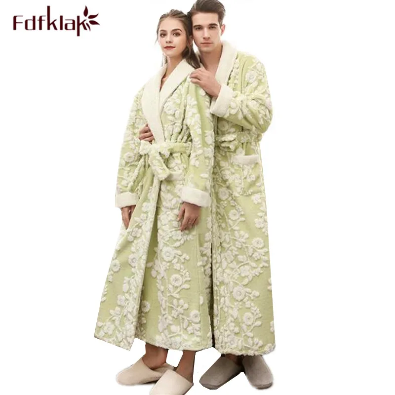 Fdfklak New Winter bathrobe men thicken flannel robe women plus size sleepwear robes couple's bath peignoir femme M-3XL | Женская