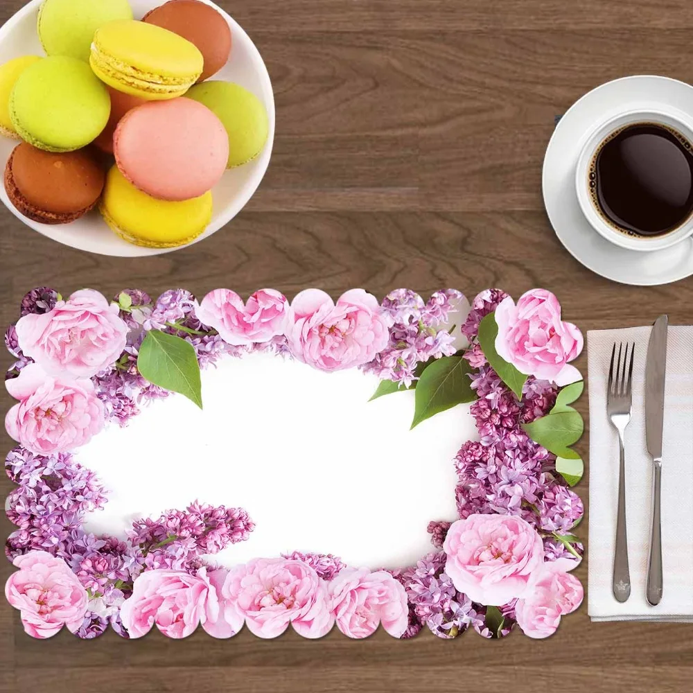 

Else Purple Pink Roses Flowers Floral Frames 4 Pcs 3d Print Washable Micro Fabric Table Placemat Pad for Dining Room Kitchen