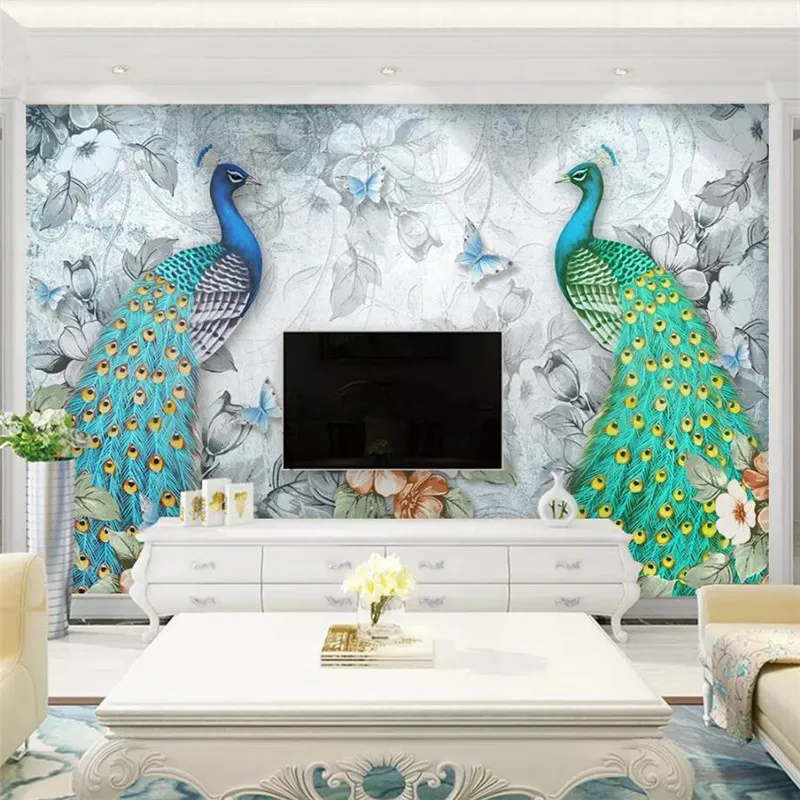 

3D auspicious peacock flower butterfly TV background professional production mural wallpaper wholesale custom poster photo wall
