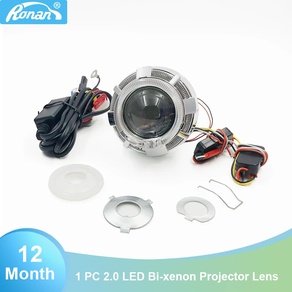 

RONAN 2.0" Double LED Angel Eyes with Motorcycle styling Bi-Xenon HID Projector Lens Use Xenon H1 for H4 H7 Headlight Retrofit