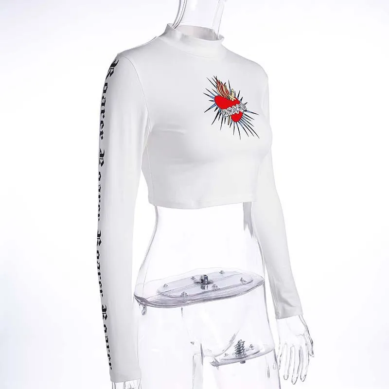 Long Sleeve HEART Print T-shirt 2017 Sexy Turtle neck Party Bustier Crop Top Elastic Autumn Women Tops Short T Shirt Streetwear | Женская