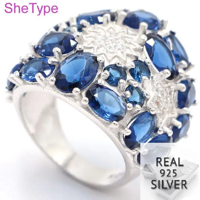 

24x22mm 9.63g Real 925 Solid Sterling Silver Tanzanite White CZ Gift For Girls Ring