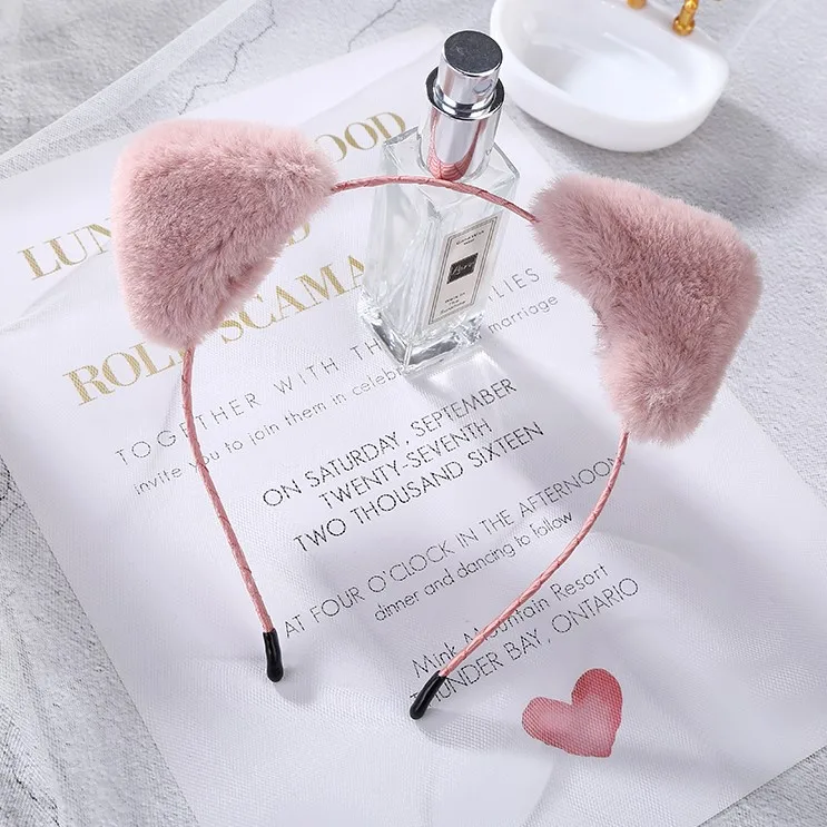 Pink Пушистые Серые Черные кошачьи уши детские головные уборы Мультяшные аксессуары для волос для женщин и детей - Цвет: Pink
