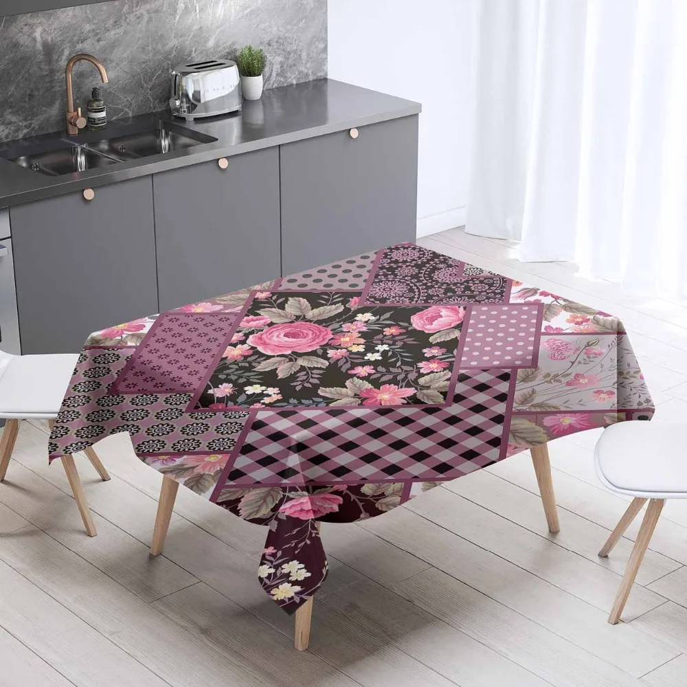 

Else Pink Black Flowers Patchwork Geometric Roses 3d Print Washable Thicken Cotton Cloth Rectangular Square Kitchen Tablecloth
