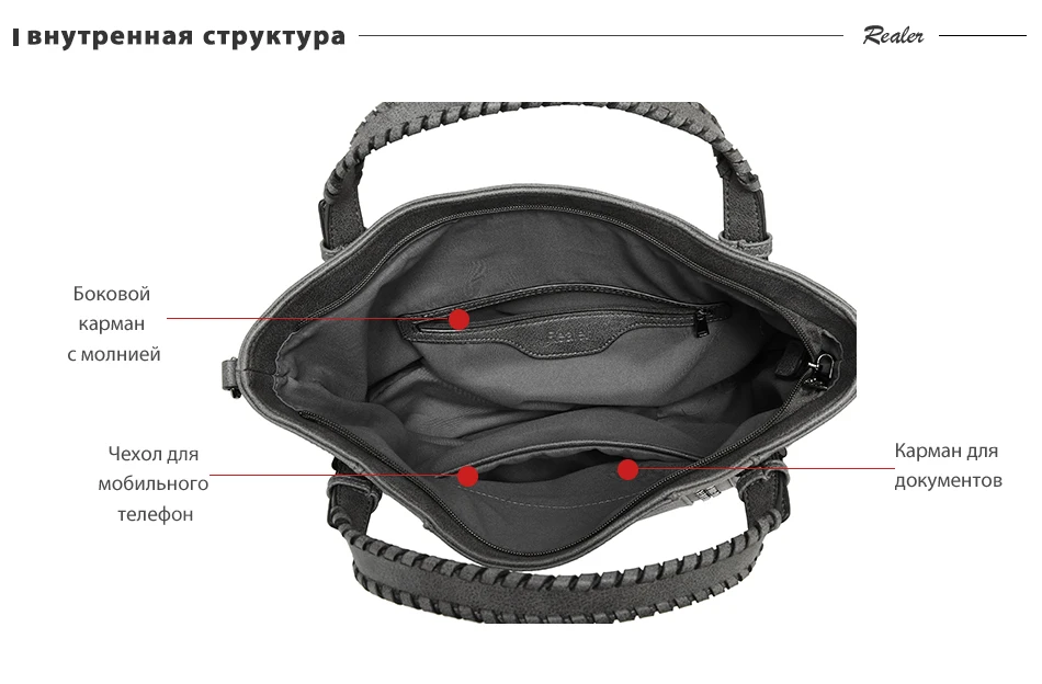 REALER бренд стильная женская сумка в руках высокого качества с короткими ручками, большая ручная сумка с заклепками, женские сумки через плечо с длинным ремнем