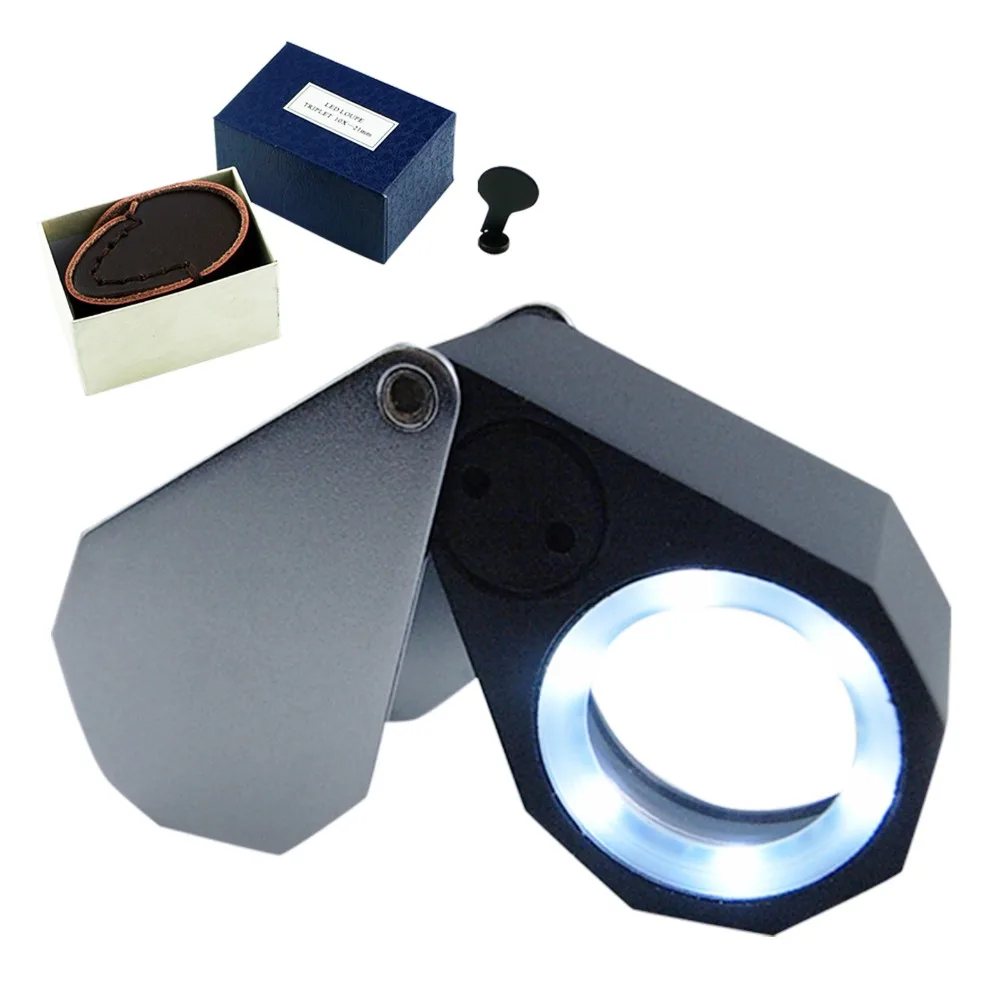 Прецизионная Складная 10x увеличение Triplet оптическая линза Ювелирная Лупа+ 6 светодиодный светильник, 21 мм объектив