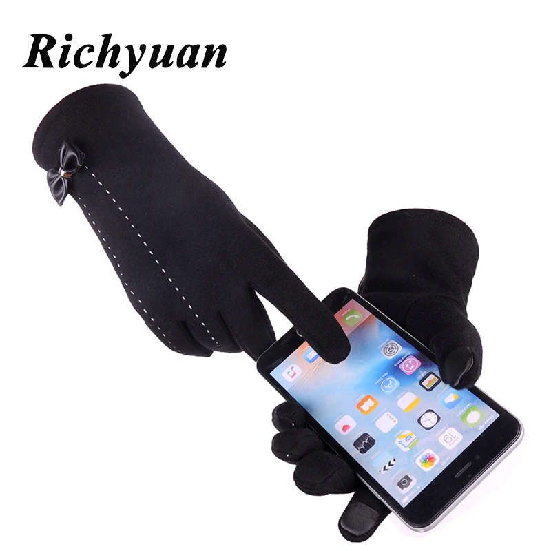 

Fashion Winter Gloves Elegant Female Touch Screen Gloves Women Warm Cashmere Full Finger Leather Bow Dotted embroidery Gloves