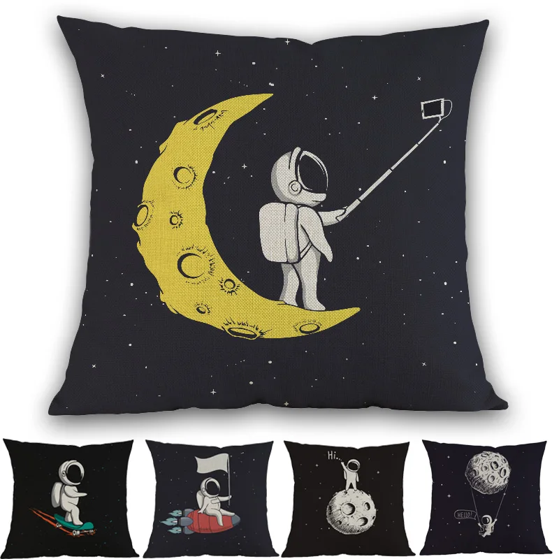 

Cartoon Funny Astronaut Spaceship Spaceman Moon Space Selfie Pillow Case Home Sofa Kid's Children Room Decoration Cushion Cover